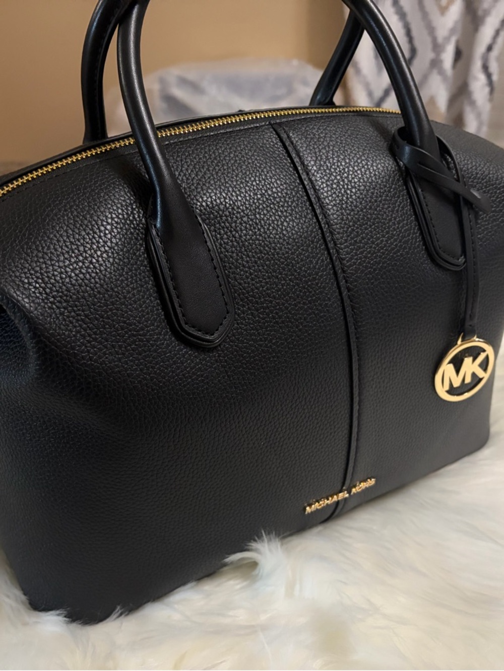 Michael Kors Black Hyde Pebbled Leather Satchel with Gold Accents - Picture 5 of 9